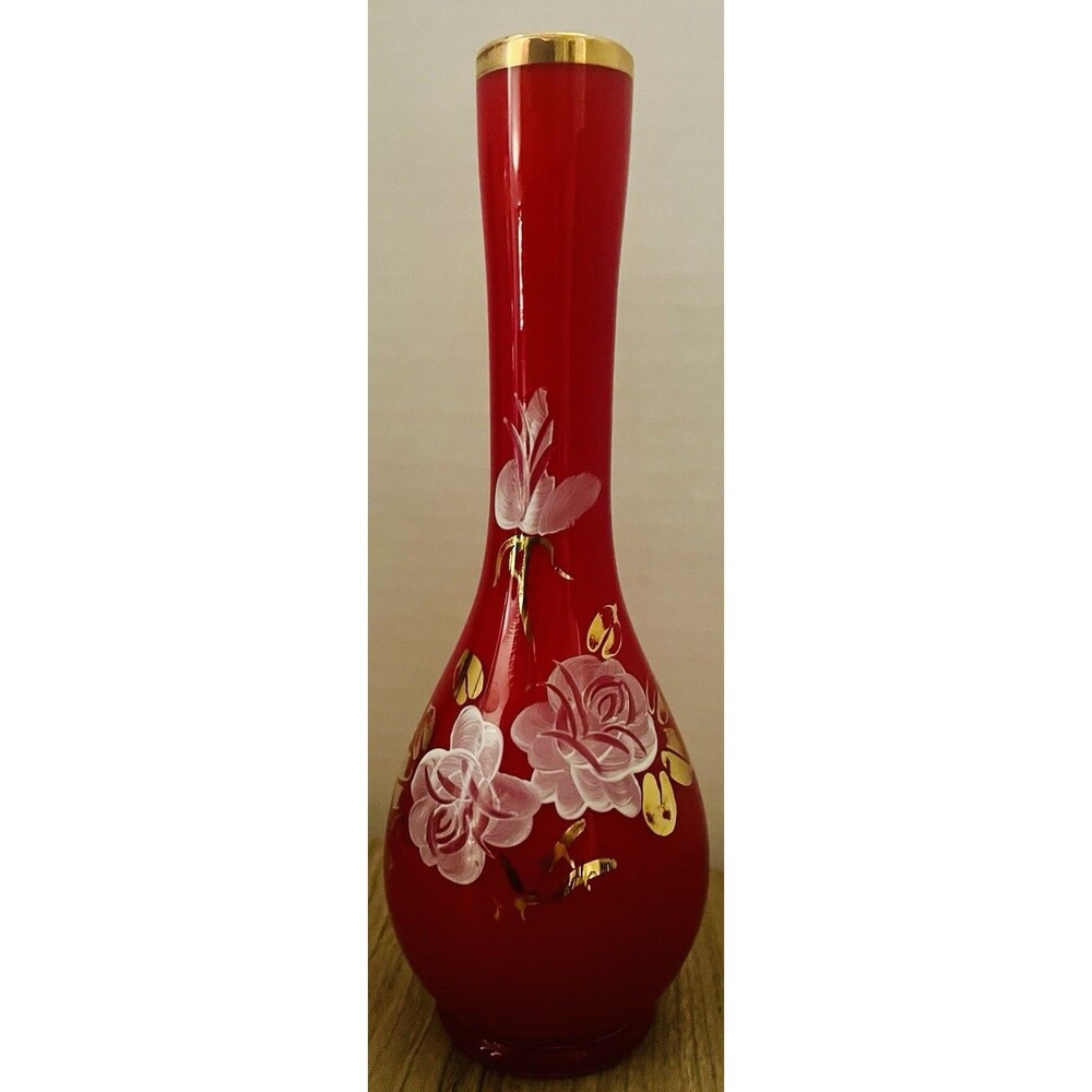 Vintage Hand Blown Red Glass Bud Vase Hand Painted Roses Gold Leaves 8in U591